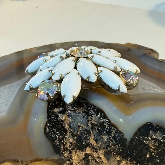 Vintage Milk glass White & AB Iridescent Brooch GUC 2” - Picture 6 of 11